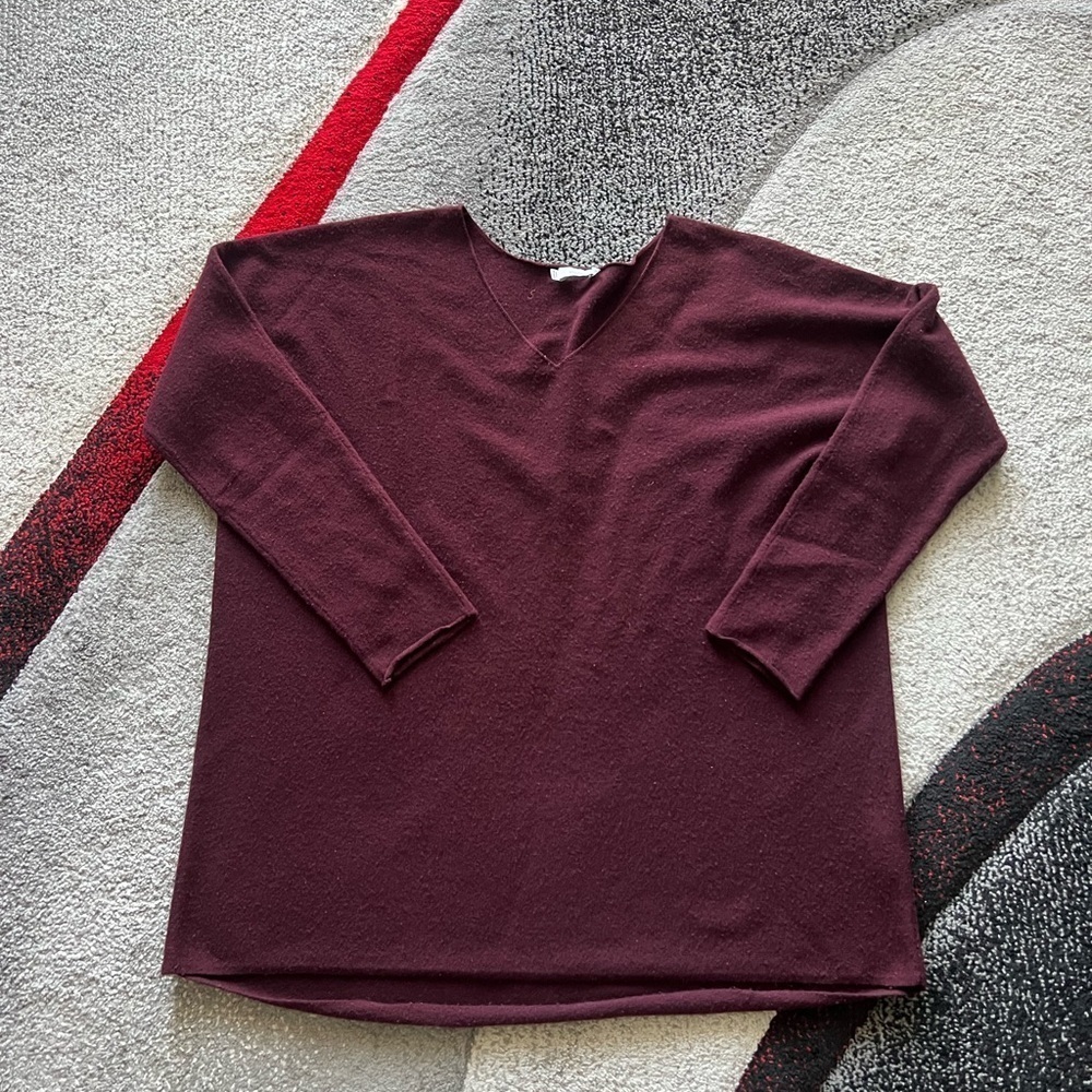 Vince Burgundy V Neck Wool Blend Preppy Sweater